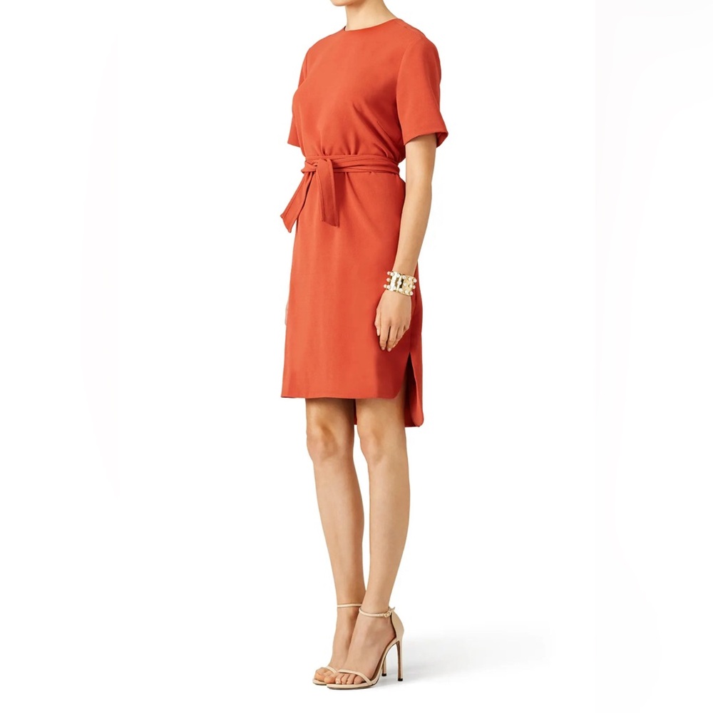 TY-LR Rust Vernaza Dress Short Sleeve Zip Back Crew Neck Crepe S Elegant Career